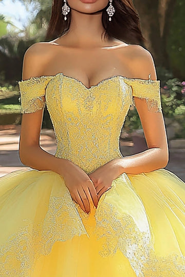 Yellow Ball Gown Appliqued Tulle Long Quinceanera Dress with Ruffles